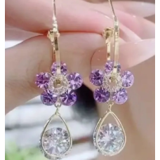 Needle Crystal Flower Earrings - purple