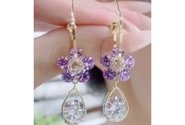 Needle Crystal Flower Earrings - purple