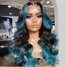 Black And Blue Wigs Body Wave Peacock Blue Lace Front Ombre Wigs