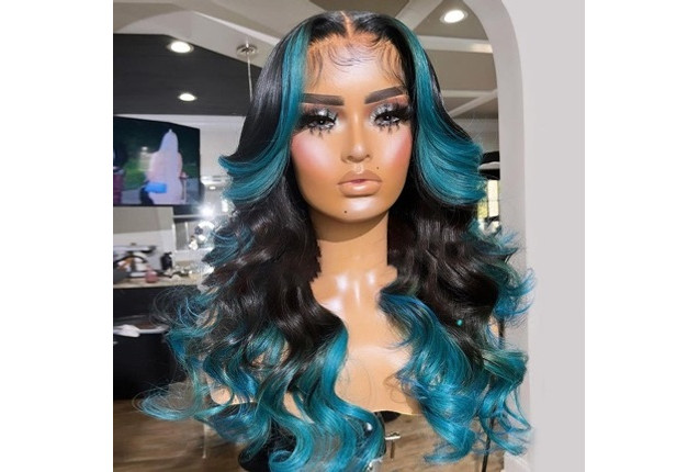 Black And Blue Wigs Body Wave Peacock Blue Lace Front Ombre Wigs