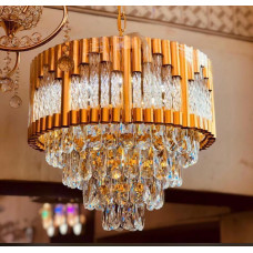 Tiered Gold Chandelier with Rectangle-Cut Crystals.