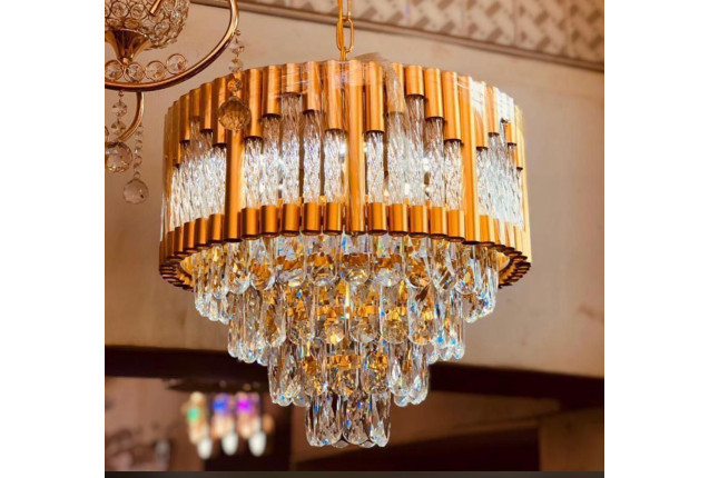 Tiered Gold Chandelier with Rectangle-Cut Crystals.