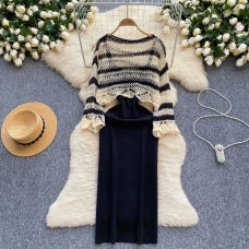 Chic Striped Sweater and Skirt Set##