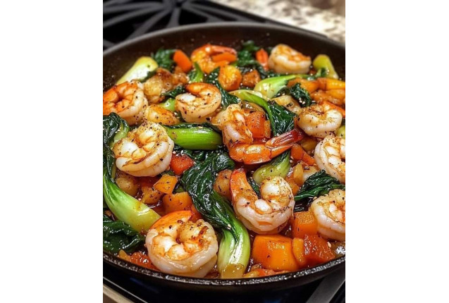 Prawns diabo with green vegetables per Portion