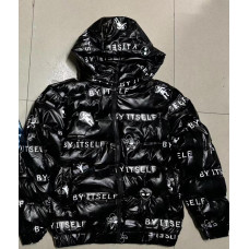 puffer jacket with a hood -black with white text and graphics