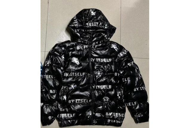 puffer jacket with a hood -black with white text and graphics