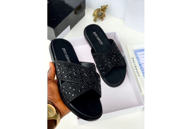 black slide sandals