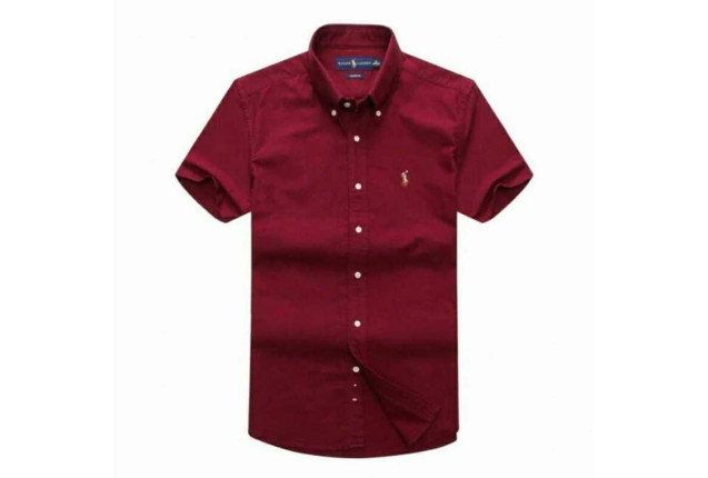 short-sleeved, button-up shirt in a deep red color