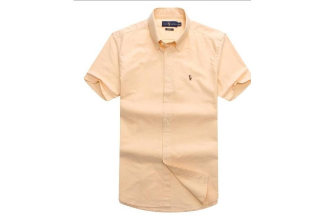 light peach-colored short-sleeve button-up shirt