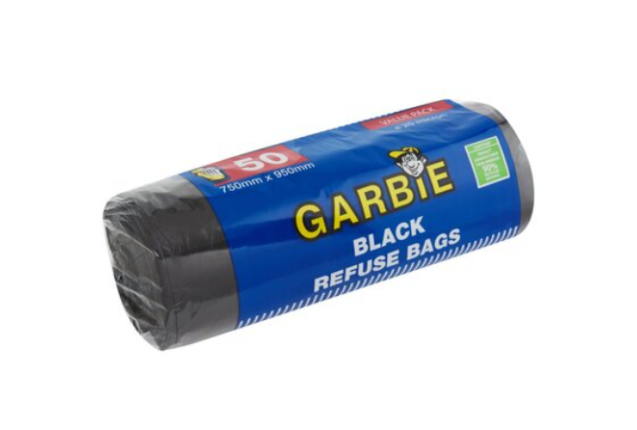 Garbie Black Refuse Bags on Roll • Heavy Duty Bin Liners 750 × 950 mm  - 50 x 10
