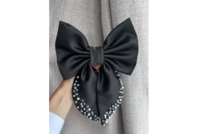 Barrette Clip With Bow – Satin Black Hair Barrette with Pearls (15 cm) x 6