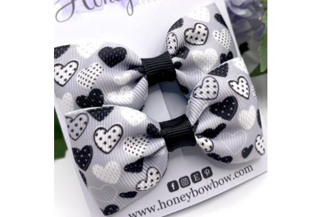 Barrette Clip With Bow – Grey & Black Hearts Hair Accessory (14 cm) x 6