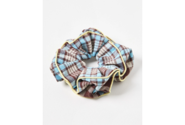 Scrunchies Checked With Ruffle Trim – Brown Blue 17cm Hair Accessories x 6