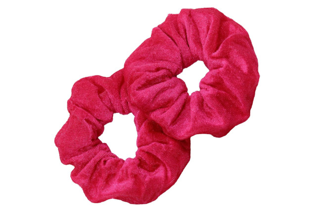 Scrunchies velvet with satin contrast trim, pink+black, 2 pcs., approx. 13 cm, on card x 6