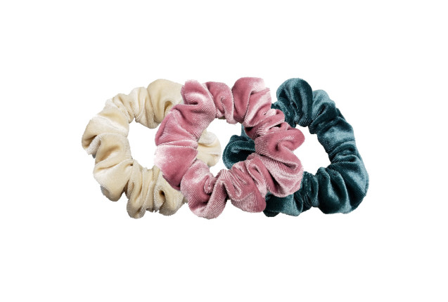 Scrunchies textured velvet, pink+brown+green, 3 pcs., approx. 11 cm, on card x 6