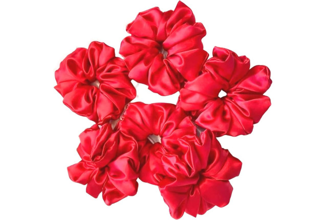 Mini scrunchies satin fine, natural+red, 4 pcs., approx. 6 cm, on card x 6