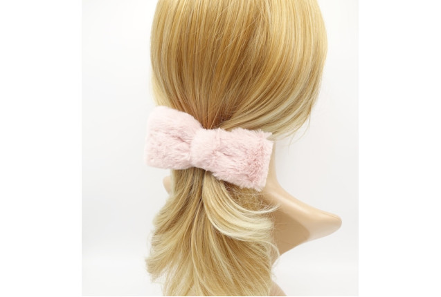 Barrette clip with bow, furry knit fabric, beige x 6