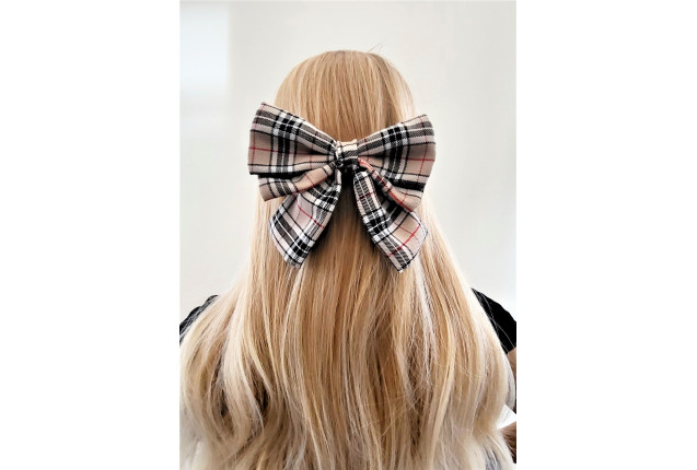 Barrette clip with bow, brown checked, approx. 16 cm, on card x 6