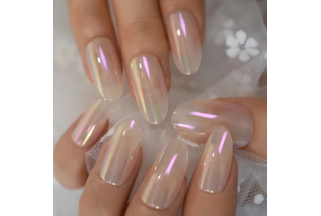 Nude Chrome Reflective Almond Nail