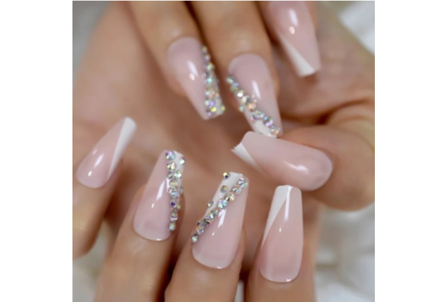 Nude French White Tips with Gems