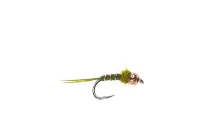BEADED OLIVE COPPERHEAD NYMPH BARBLESS x 12